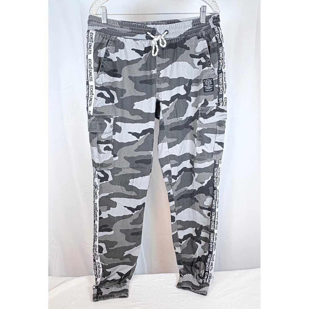 Ecko Unltd Mens Grey Camo Cargo Joggers Logo Tape Streetwear Sweatpants  Size L